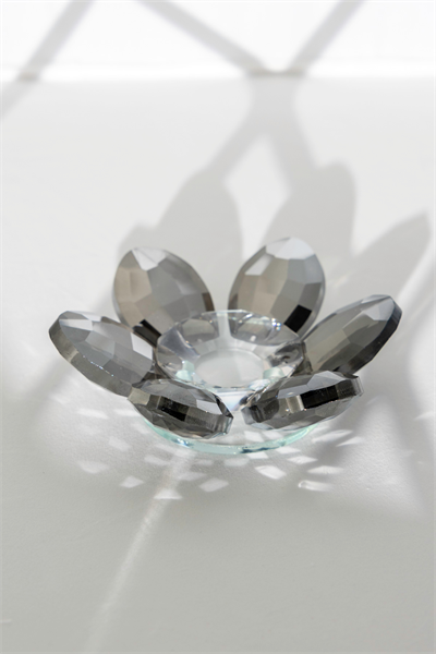 Şık Kristal Cam Mumluk & Lokumluk, Lotus Kesim, Gri – El İşçiliği Lotus Başlık