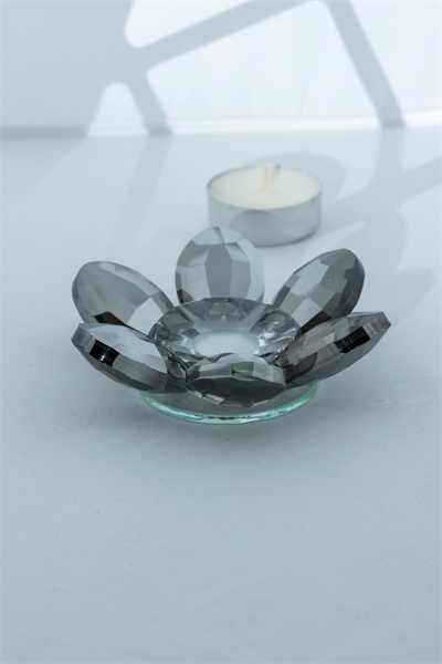 Şık Kristal Cam Mumluk & Lokumluk, Lotus Kesim, Gri – El İşçiliği Lotus Başlık