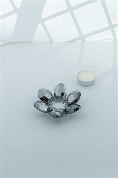 Şık Kristal Cam Mumluk & Lokumluk, Lotus Kesim, Gri – El İşçiliği Lotus Başlık
