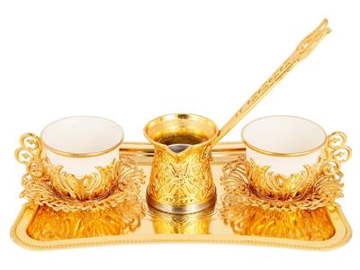 Türk Kahvesi 2li Gold Sunum Seti – Tepsili ve Cezveli Şık Kahve Takımı