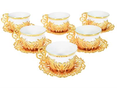 Türk Kahvesi Sunum Seti – Gold Metal Lale Motifli 6lı Kahve Fincan Takımı