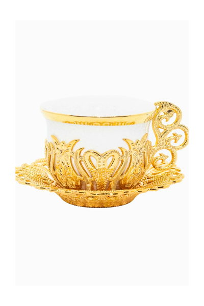 Türk Kahvesi Sunum Seti – Gold Metal Lale Motifli 6lı Kahve Fincan Takımı