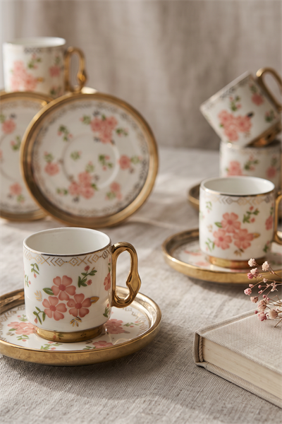 Vintage Blossom 6 Kişilik Seramik Kahve Fincan Takımı | Yaren Style - Yaren Style