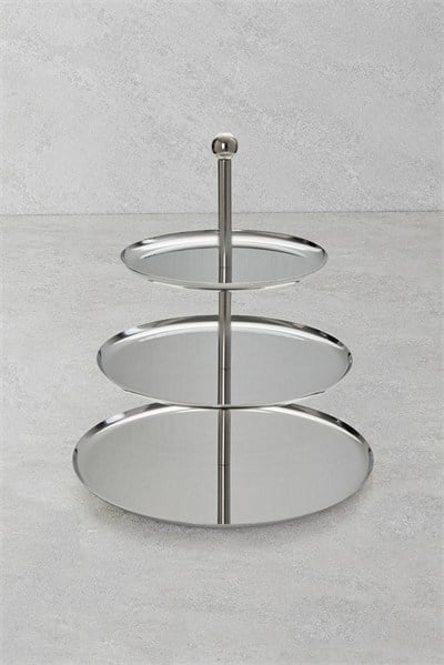 Yaren Style Inox 3 Katlı Yuvarlak Paslanmaz Çelik Sunum Standı (24-20-16 cm)
