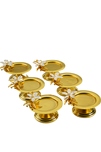 Zambak Çiçekli Dekoratif 6 li Gold Renk Makaronluk Lokumluk Kahve Yanı Sunumluk