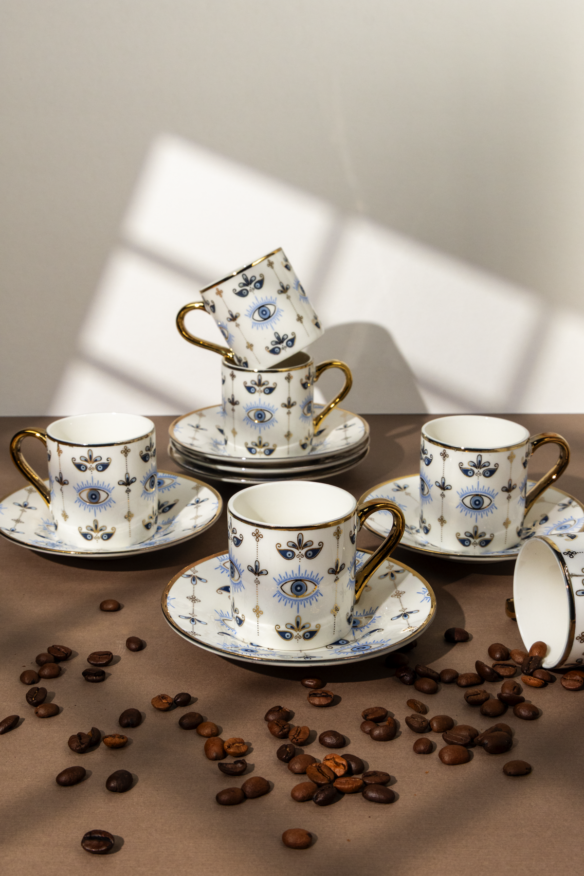 Yaren Style 12 Parça 6 Kişilik Porselen Kahve Fincan Takımı – 90 ml, Nazar Boncuğu Desenli - Yaren Style
