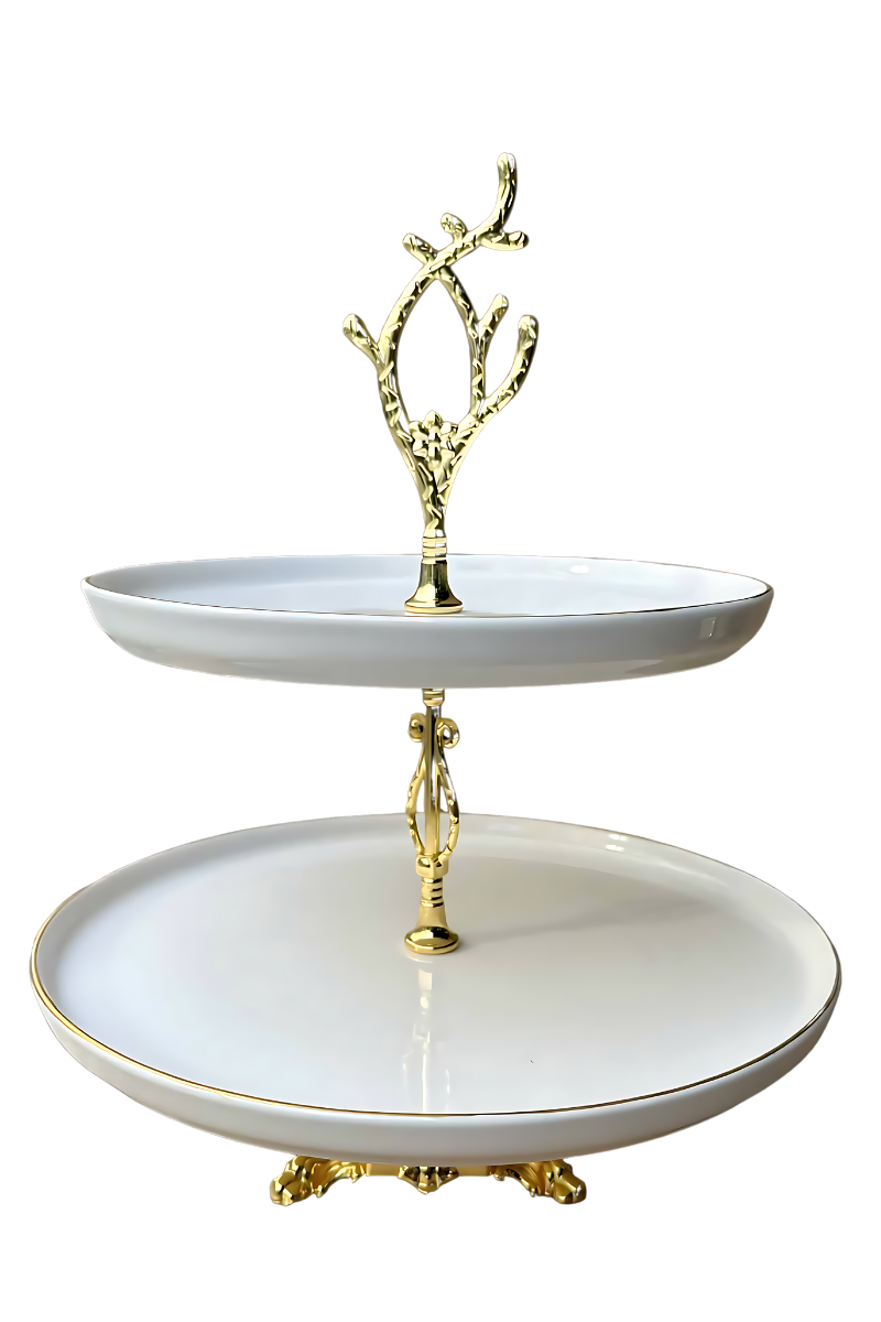 Yaren Style21 cm Gold Lüks Figür Ayaklı İki Katlı Seramik Etajer Sunum Ve ikramlık Kek Pasta Standı21 cm Gold Lüks Figür Ayaklı İki Katlı Seramik Etajer Sunum Ve ikramlık Kek Pasta Standı