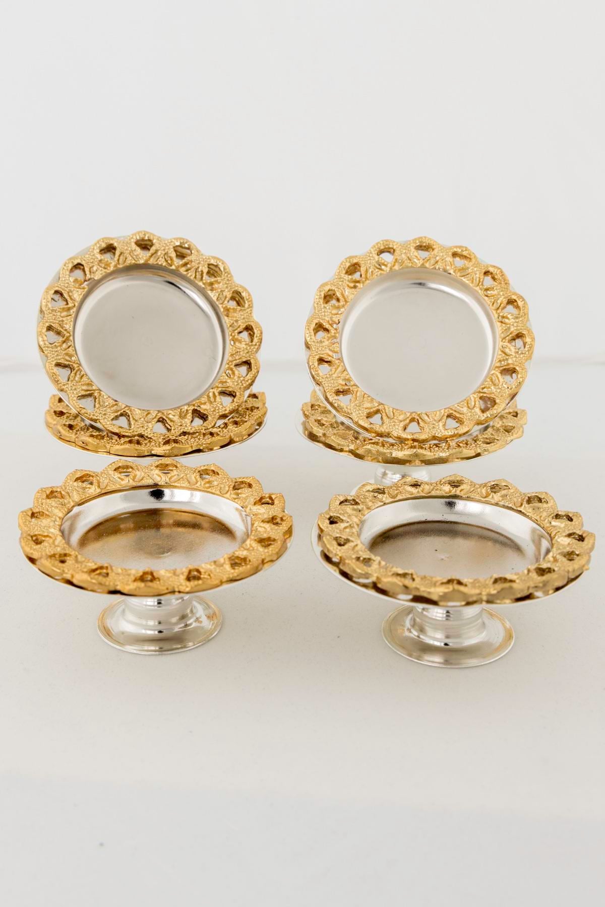 6’lı Kahve Yanı Ayaklı Lokumluk & Şekerlik Seti – Gold Zamak Kenar, Gümüş Renk Gövde (Ø6 cm, 2.5 cm) - Yaren Style