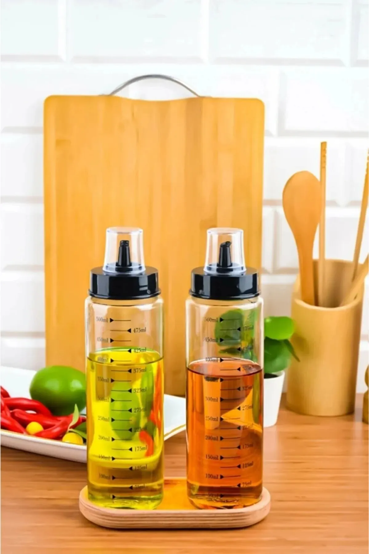 Yaren StyleAhşap Standlı 2`li 500 Ml Damlatmaz Akıllı Cam Yağlık-sirkelik Seti