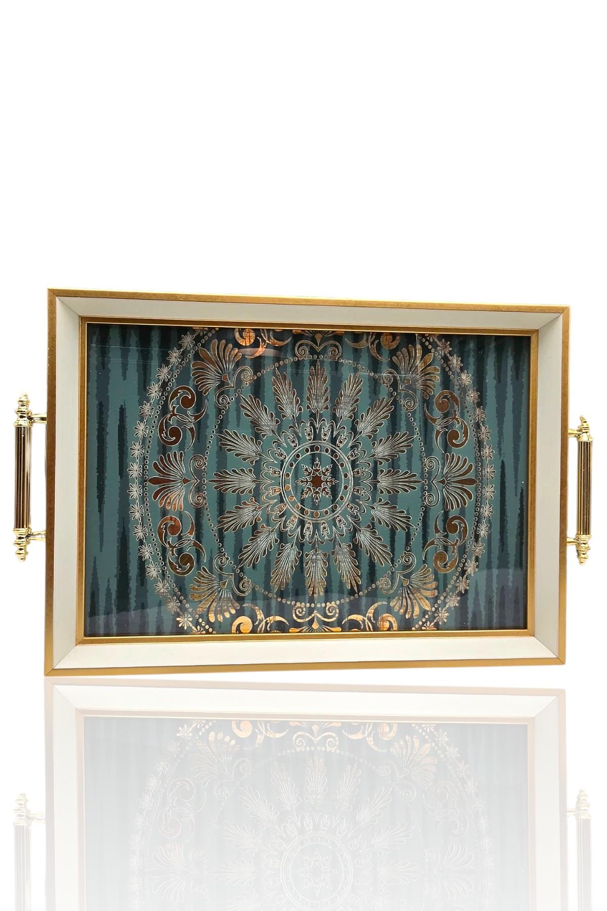 Yaren StyleLüx Kare Sunum Tepsi 49x30CmGreen Gold Kare Sunum Tepsisi, Dekoratif Simli Tepsi 49x30 Cm