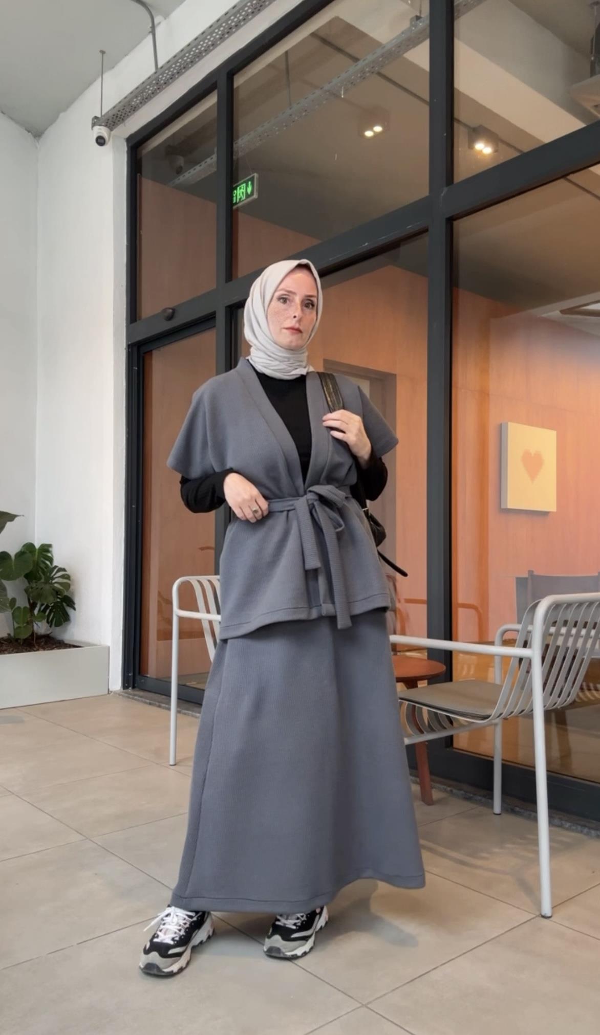 Kalın Fitilli Örme Kumaş Etek Yelek Takım 