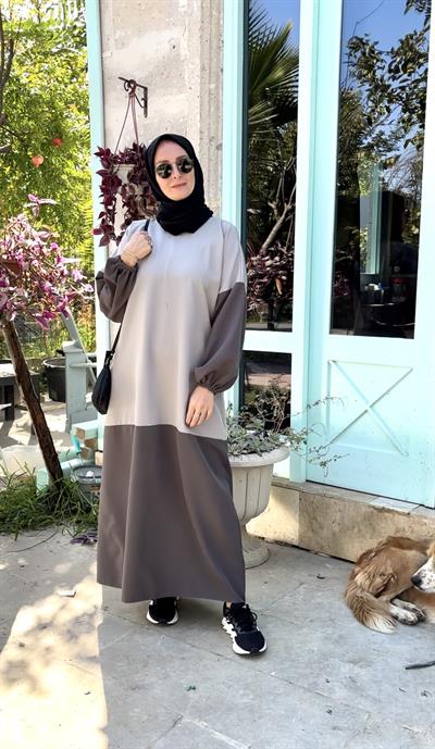 iki renk kolu lastikli elbise