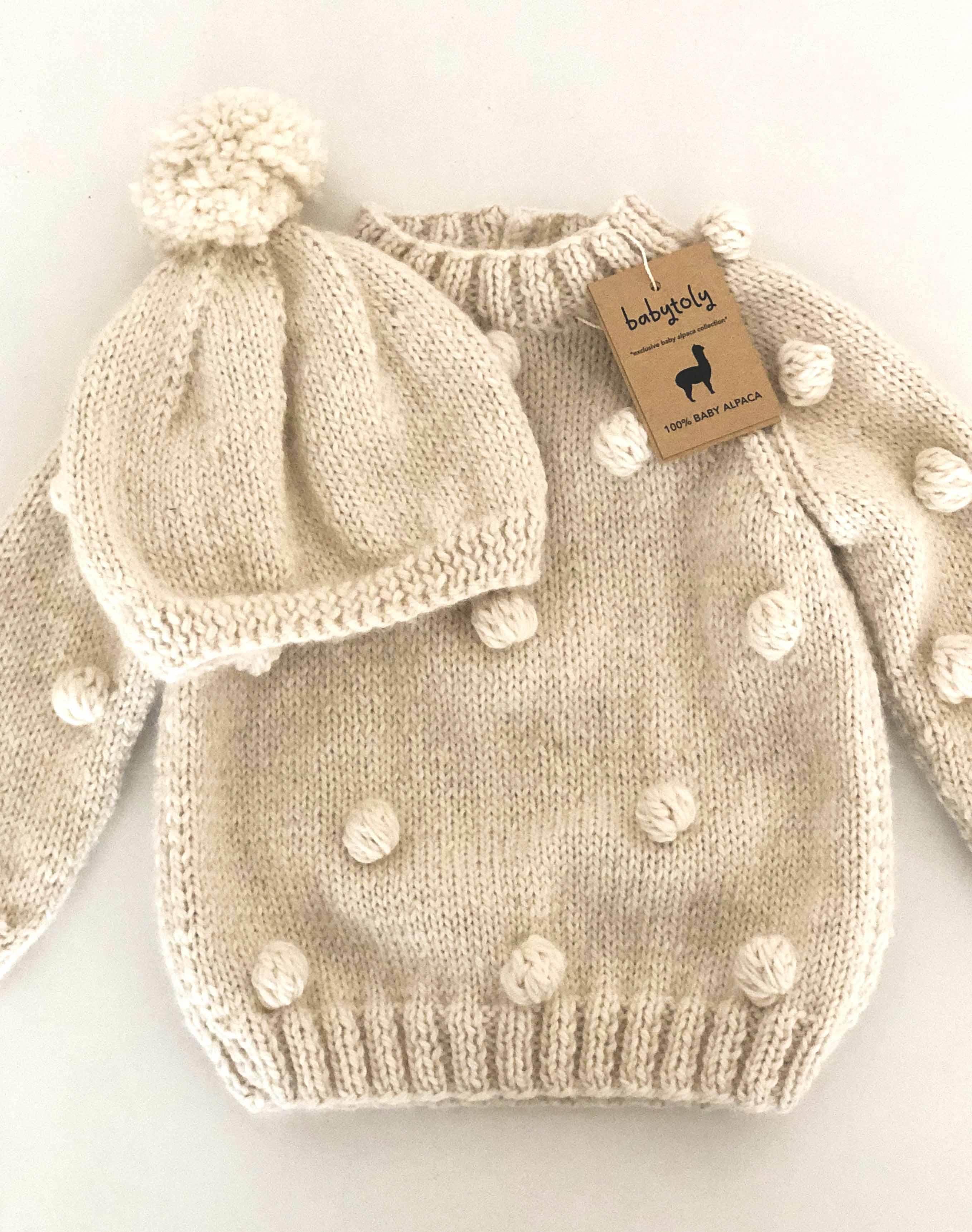 Baby Alpaca Popcorn Sweater & Beanie Set, Natural