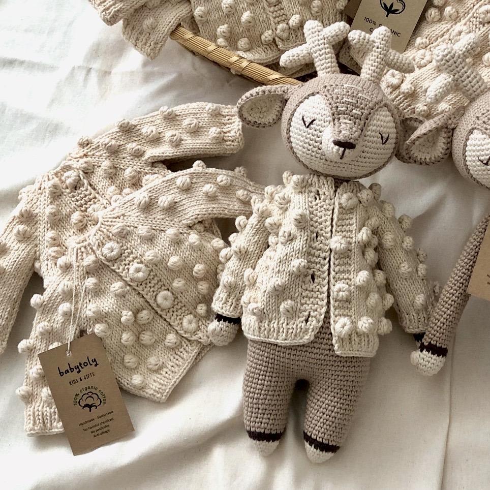 Deer Sleep Friend+Popcorn Cardigan Set, Natural