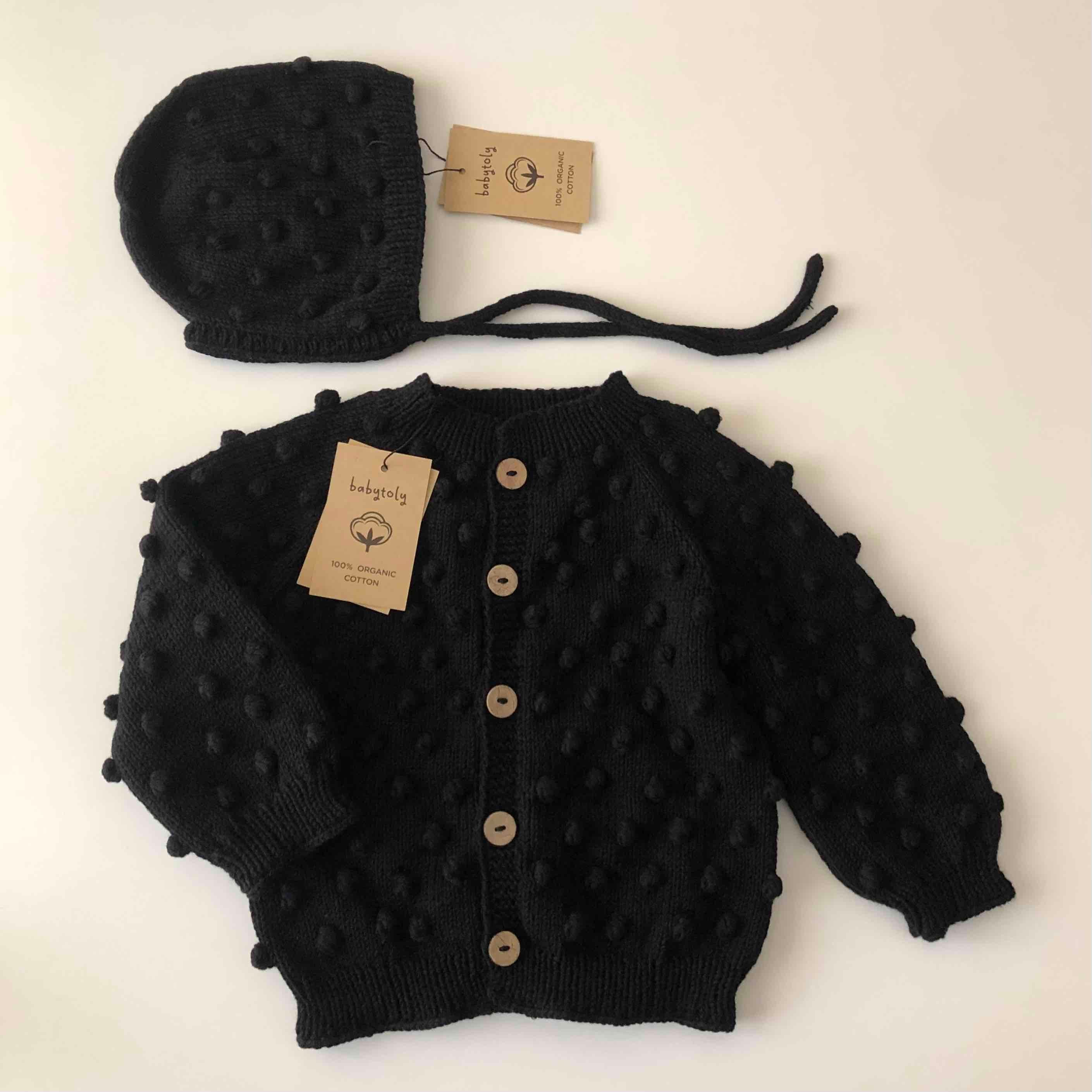 Popcorn Cardigan × Bonnet Set, Black