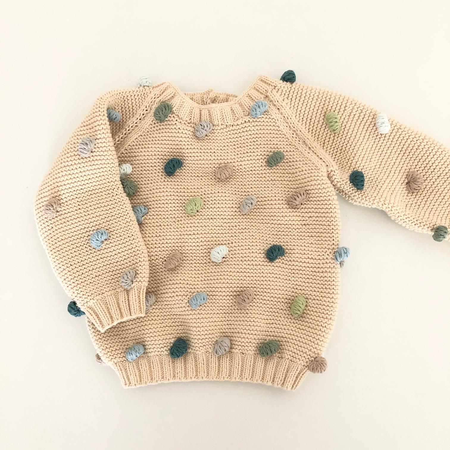 Rainbow Popcorn Sweater, Natural base×Blue-green Popcorns, Purl Stitch