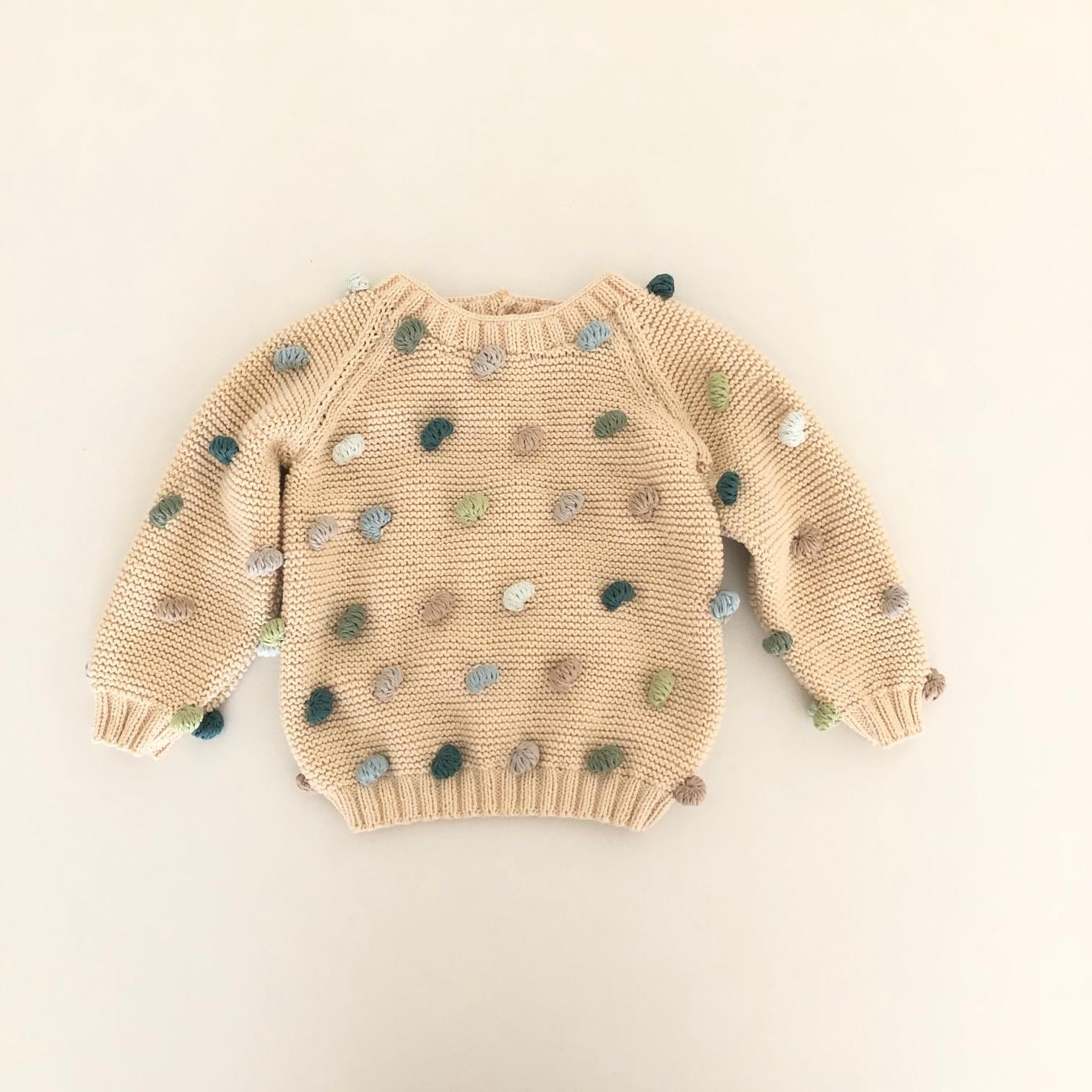 Rainbow Popcorn Sweater, Natural base×Blue-green Popcorns, Purl Stitch