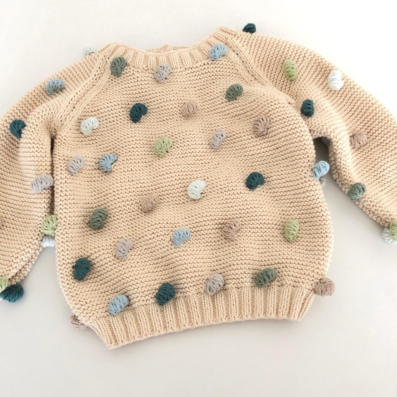 Rainbow Popcorn Sweater, Natural base×Blue-green Popcorns, Purl Stitch