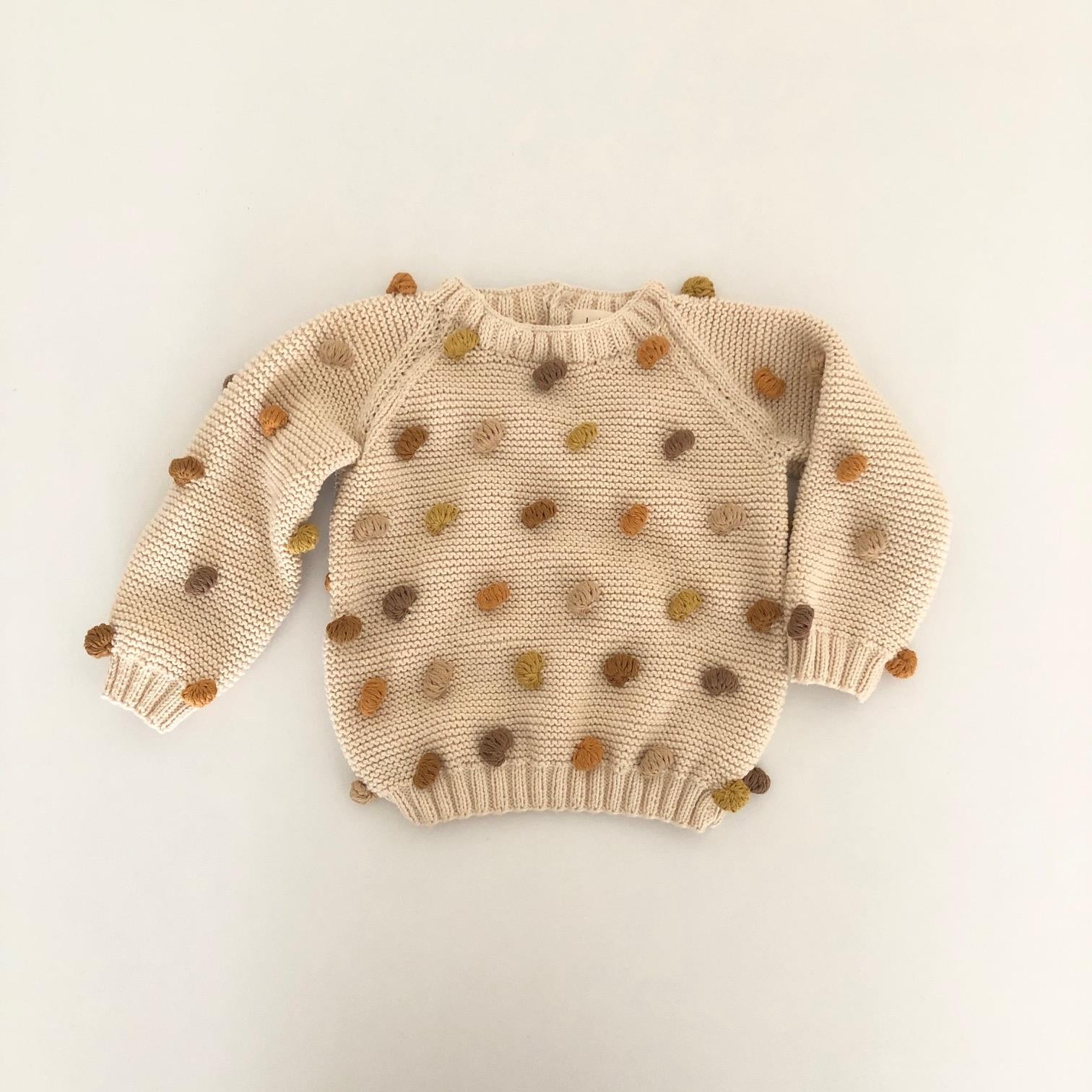 Rainbow Popcorn Sweater, Natural base×Brown-camel Popcorns, Purl Stitch