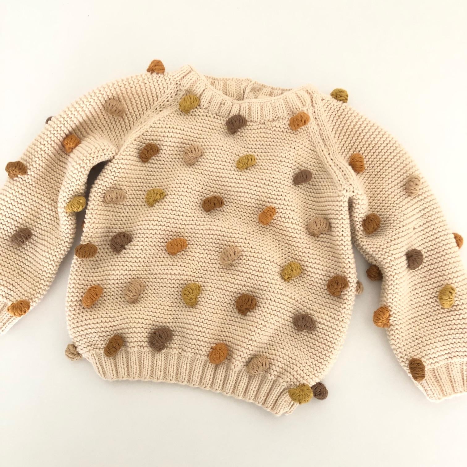 Rainbow Popcorn Sweater, Natural base×Brown-camel Popcorns, Purl Stitch