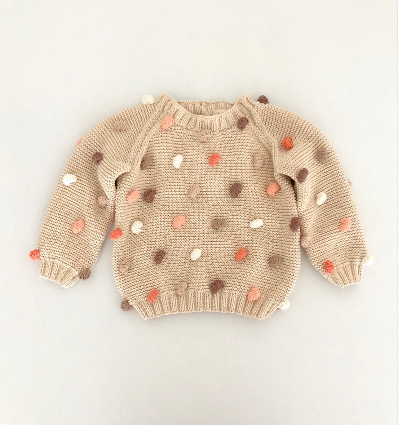Rainbow Popcorn Sweater, Natural base×Pink-orange Popcorns, Purl Stitch