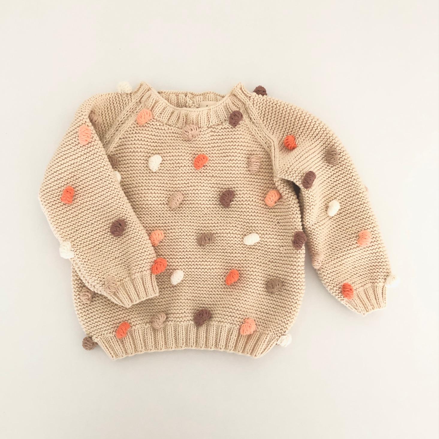 Rainbow Popcorn Sweater, Natural base×Pink-orange Popcorns, Purl Stitch