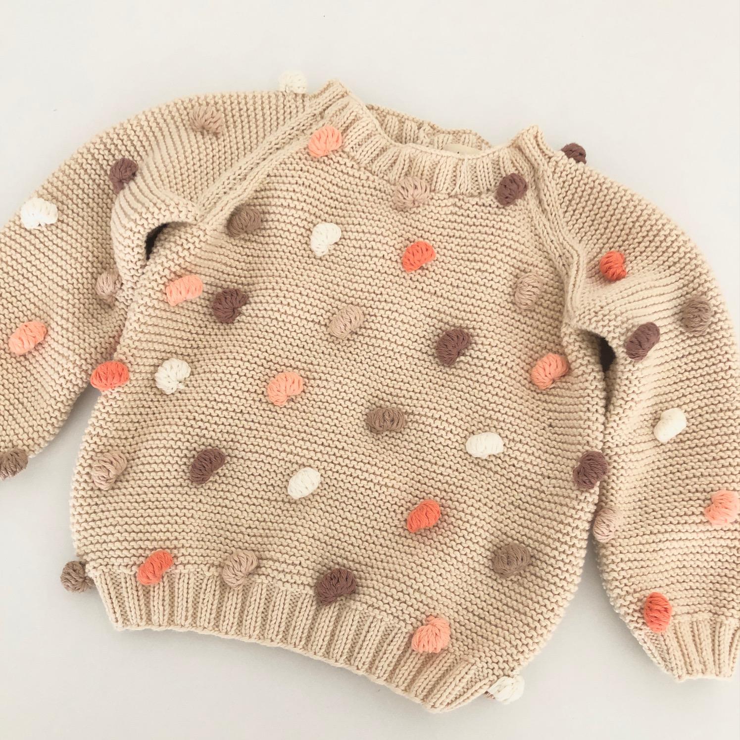 Rainbow Popcorn Sweater, Natural base×Pink-orange Popcorns, Purl Stitch