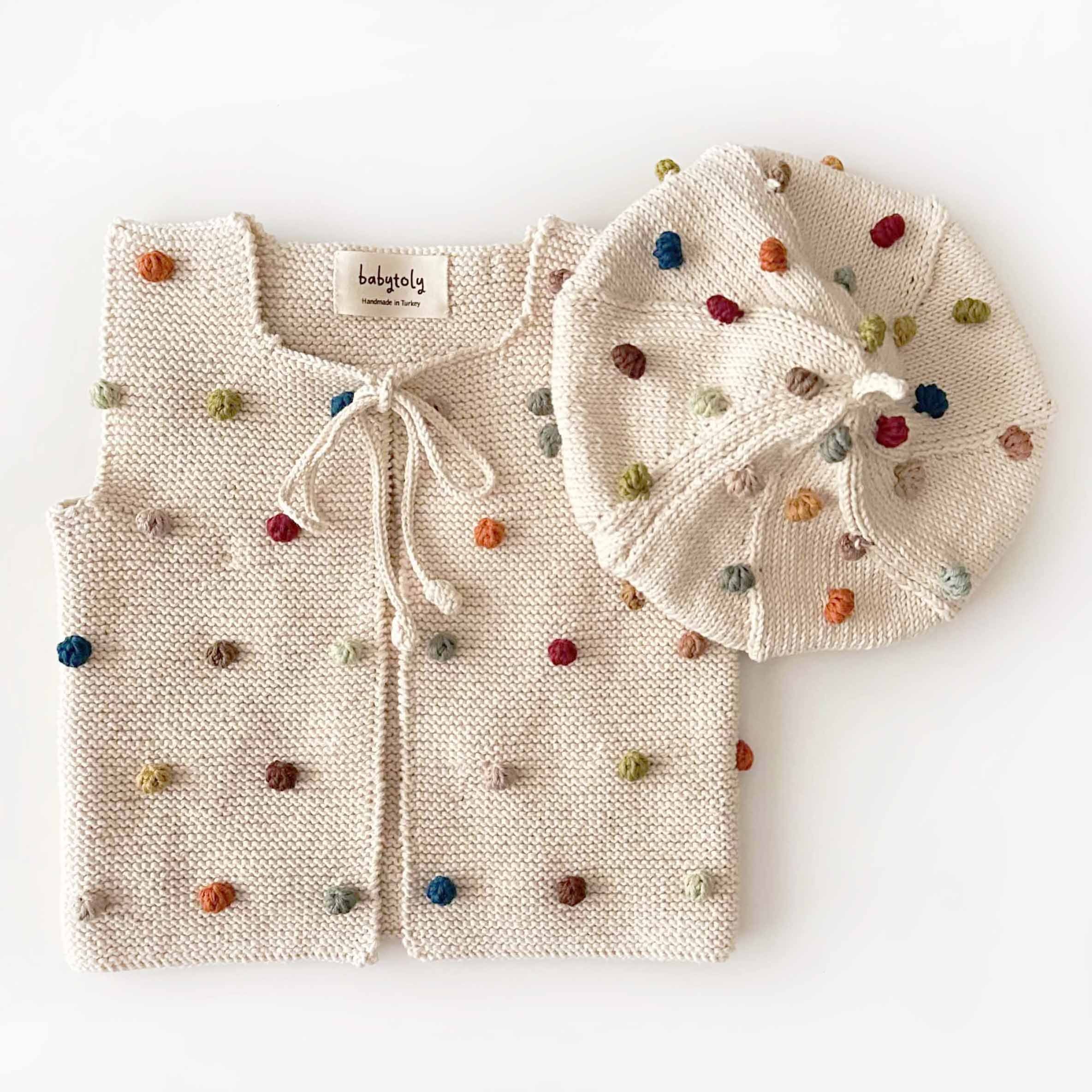 Rainbow Popcorn Vest & Beret Set, Natural