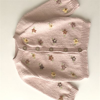 Floral Cardigan, Powder Pink base | brown, yellow flowers