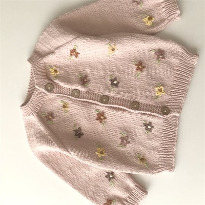 Floral Cardigan, Powder Pink base | brown, yellow flowers