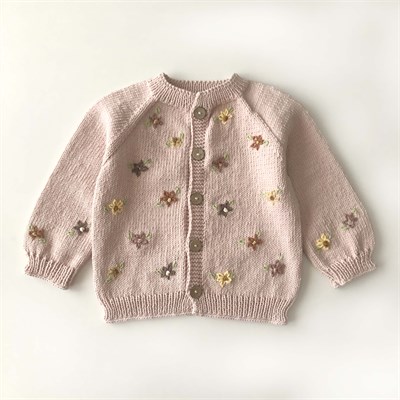 Floral Cardigan, Powder Pink base | brown, yellow flowers