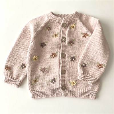 Floral Cardigan, Powder Pink base | brown, yellow flowers