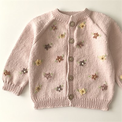 Floral Cardigan, Powder Pink base | brown, yellow flowers
