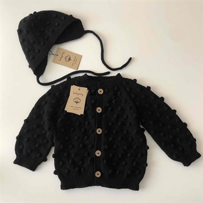 Popcorn Cardigan × Bonnet Set, Black