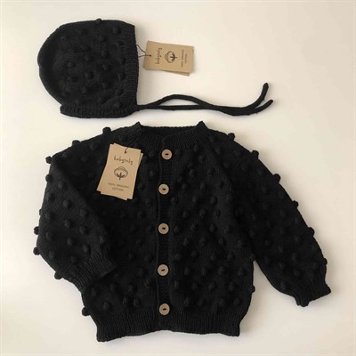 Popcorn Cardigan × Bonnet Set, Black