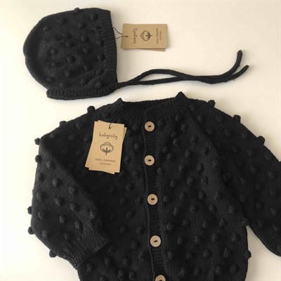 Popcorn Cardigan × Bonnet Set, Black