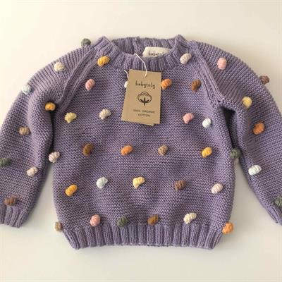Rainbow Popcorn Sweater, Lavender base, Purl Stitch