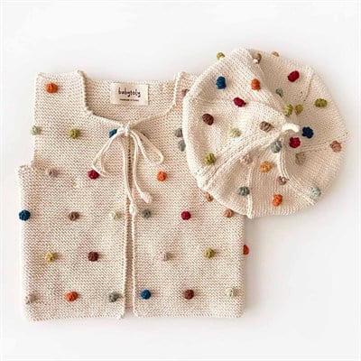 Rainbow Popcorn Vest & Beret Set, Natural