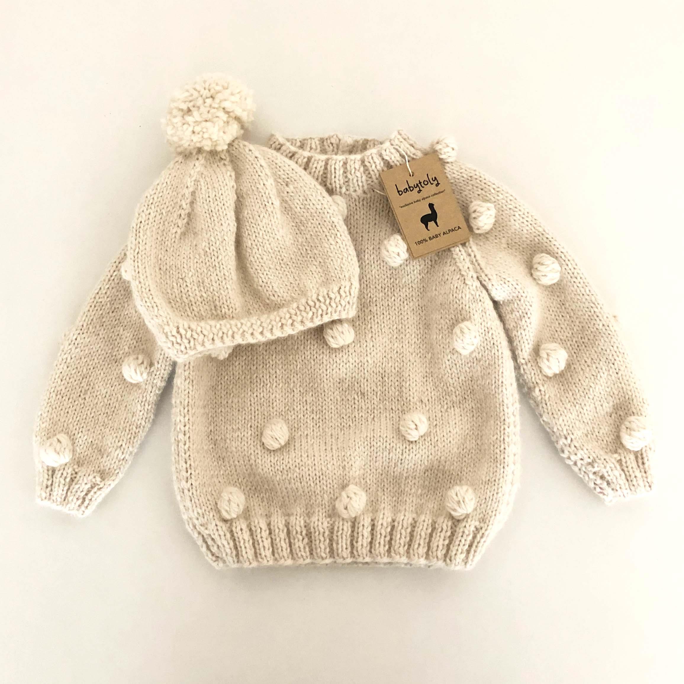 Baby Alpaca Popcorn Sweater& Beanie Set, Natural