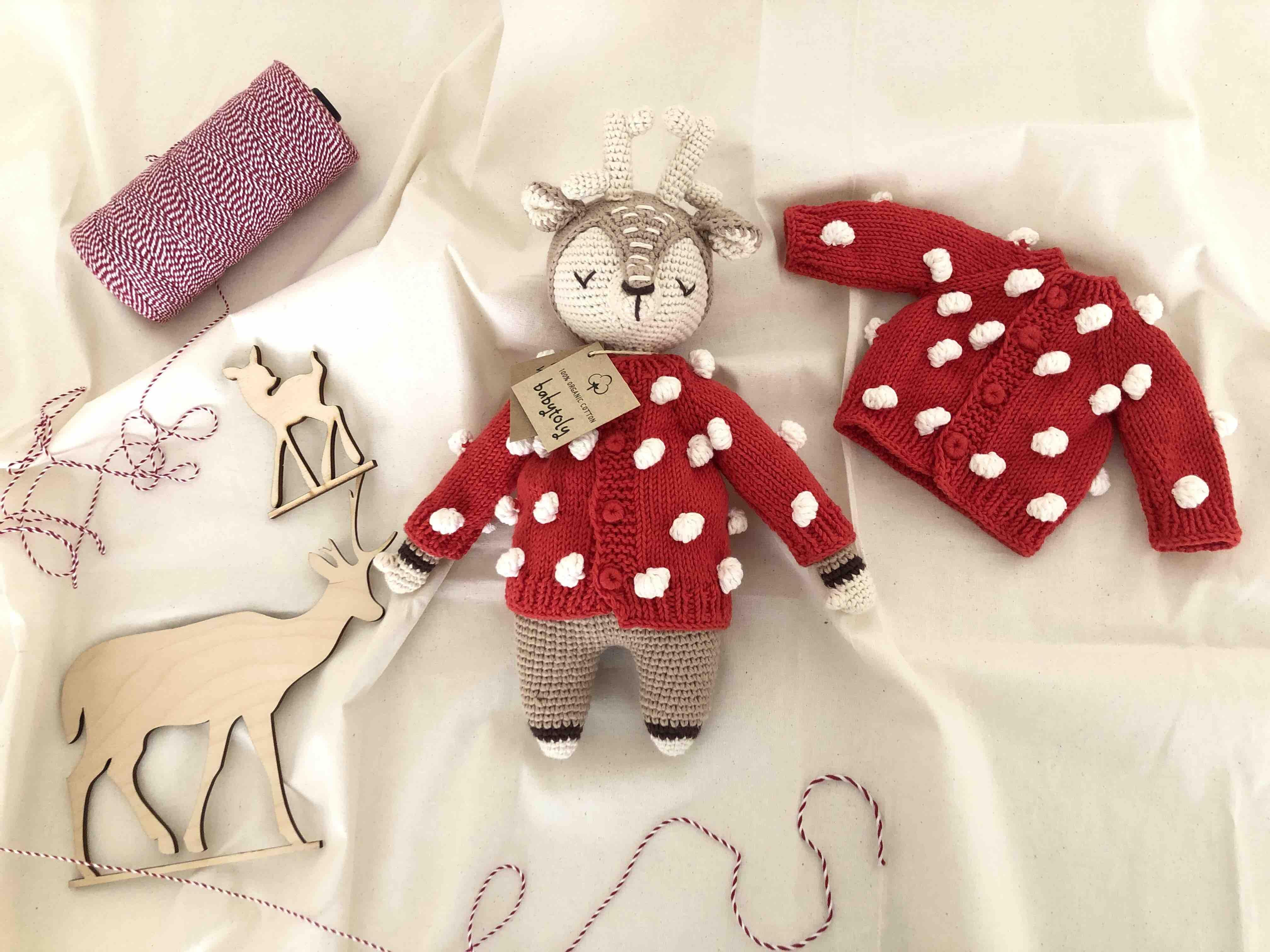 Deer Sleep Friend+Popcorn Cardigan; Christmas Set, Natural