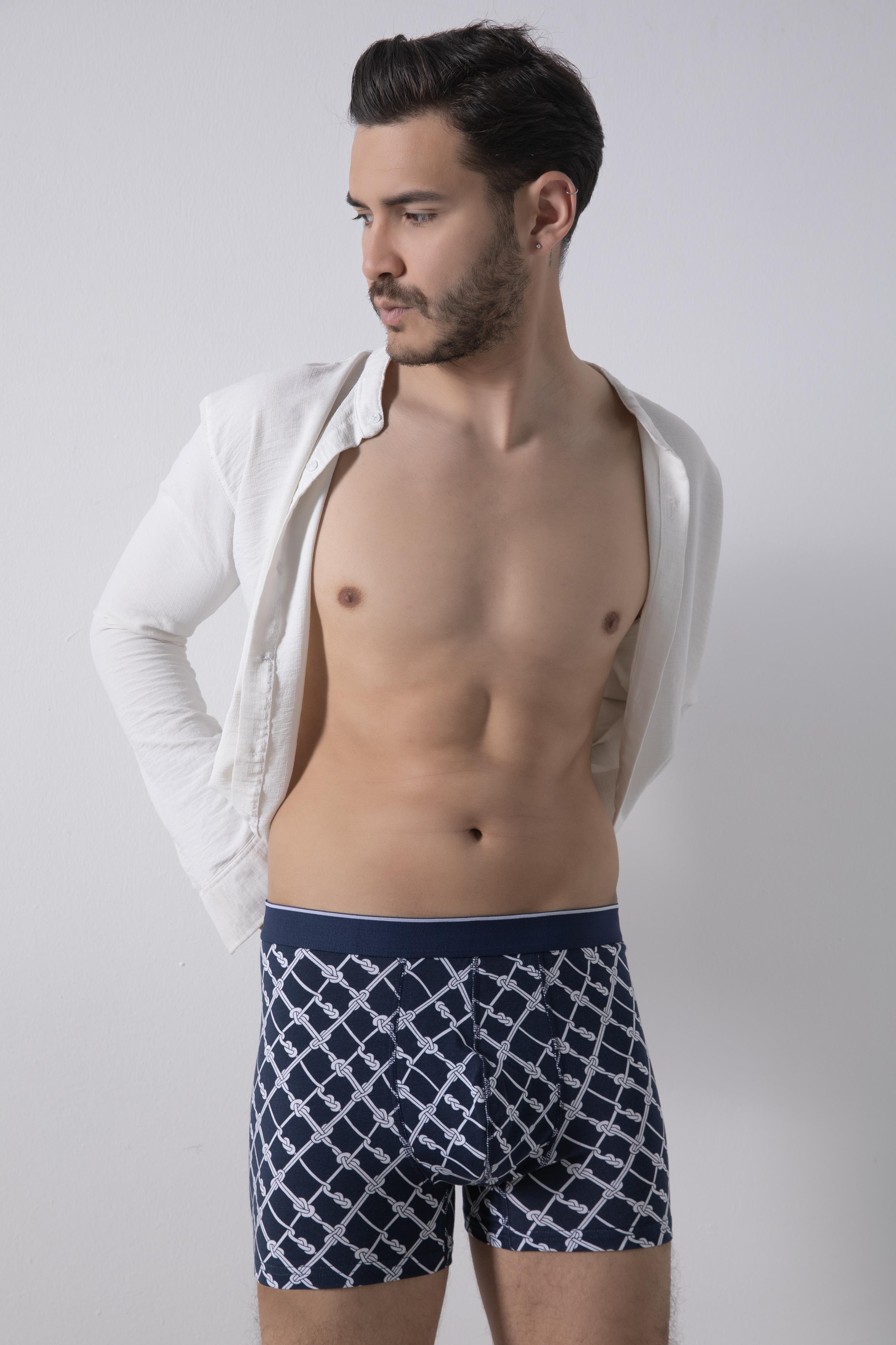 Erkek Düz Lastikli Pamuklu Desenli Boxer 3Lü Paket