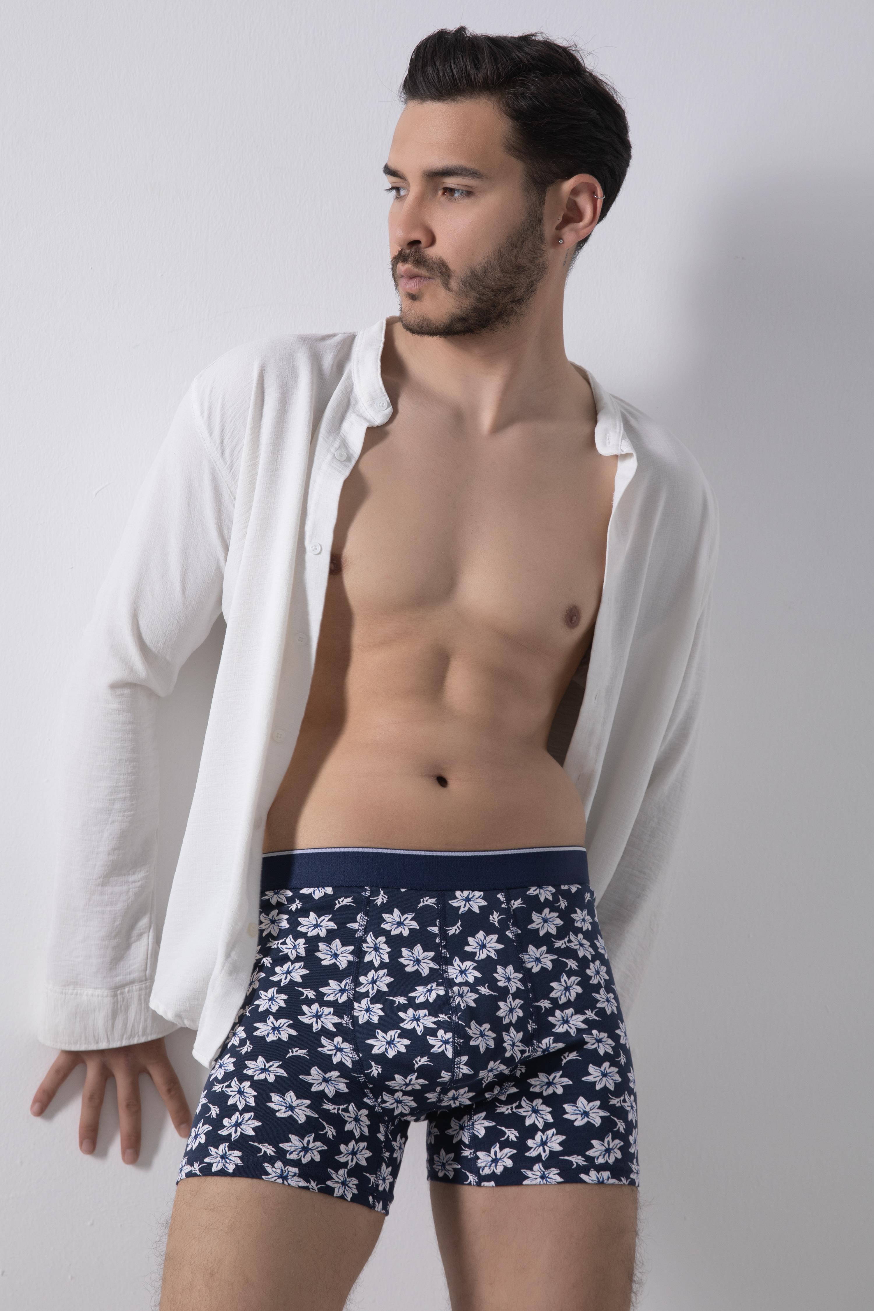 Erkek Düz Lastikli Pamuklu Desenli Boxer 3Lü Paket
