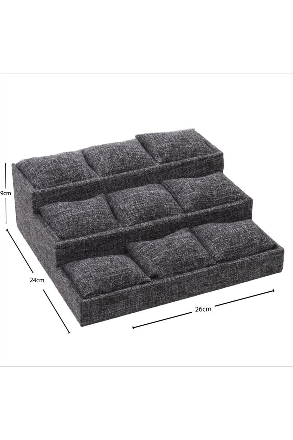 3 Basamaklı Keten Kumaş Yastıklı Stand-Gri