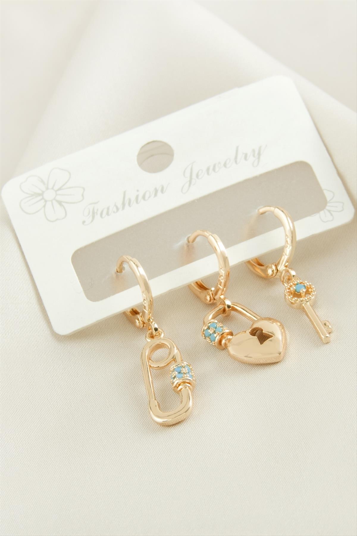 3 Adet Kalp Zirkon Taşlı Küpe