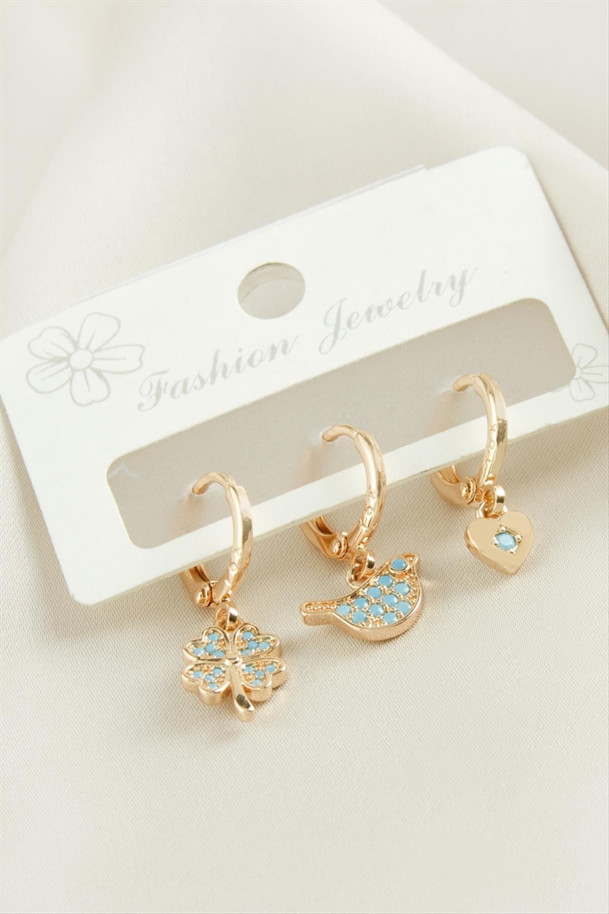 3 Adet Yonca Zirkon Taşlı Küpe