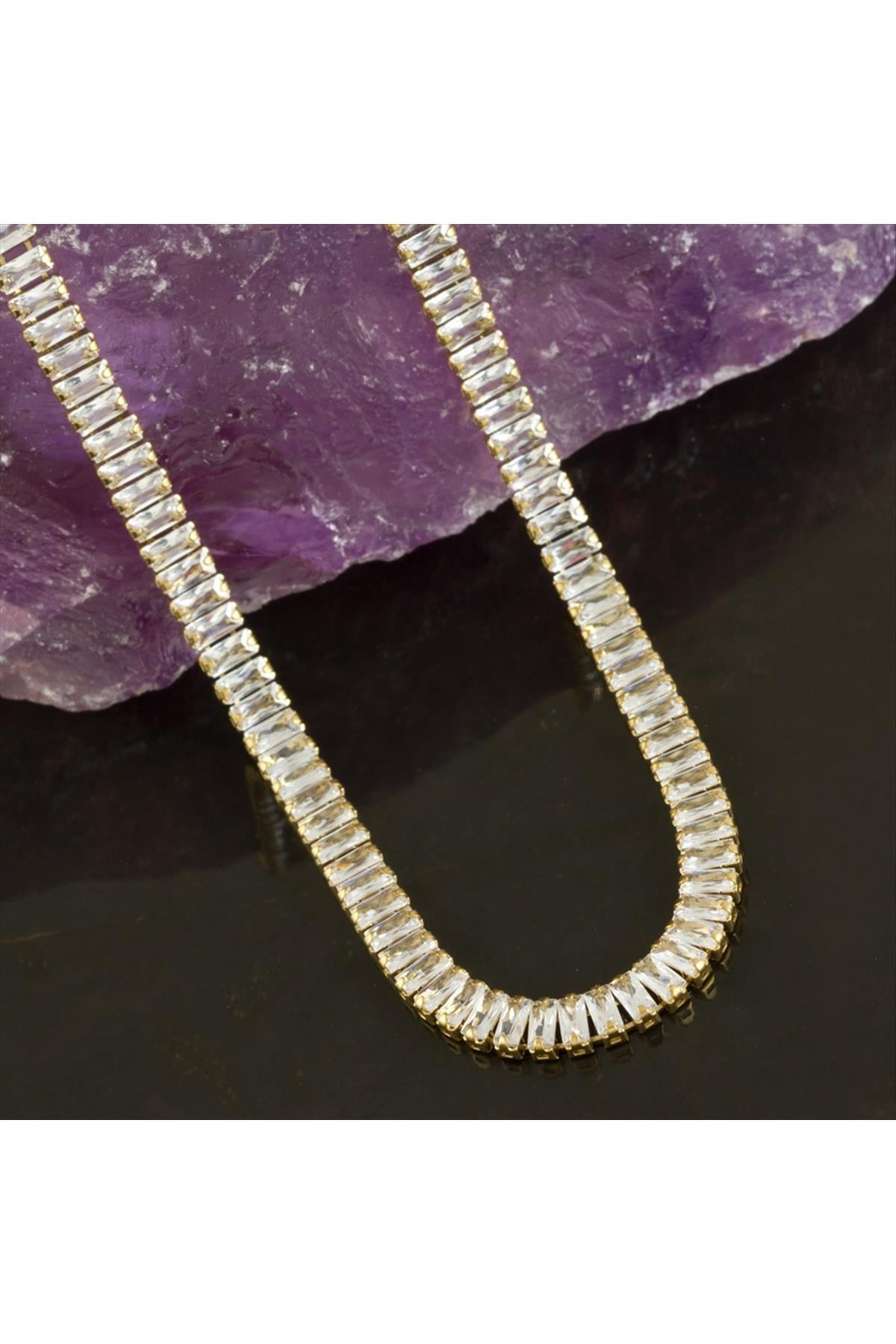 4 mm Baget Taşlı Zirkon Lüks Çelik Kolye-Sarı