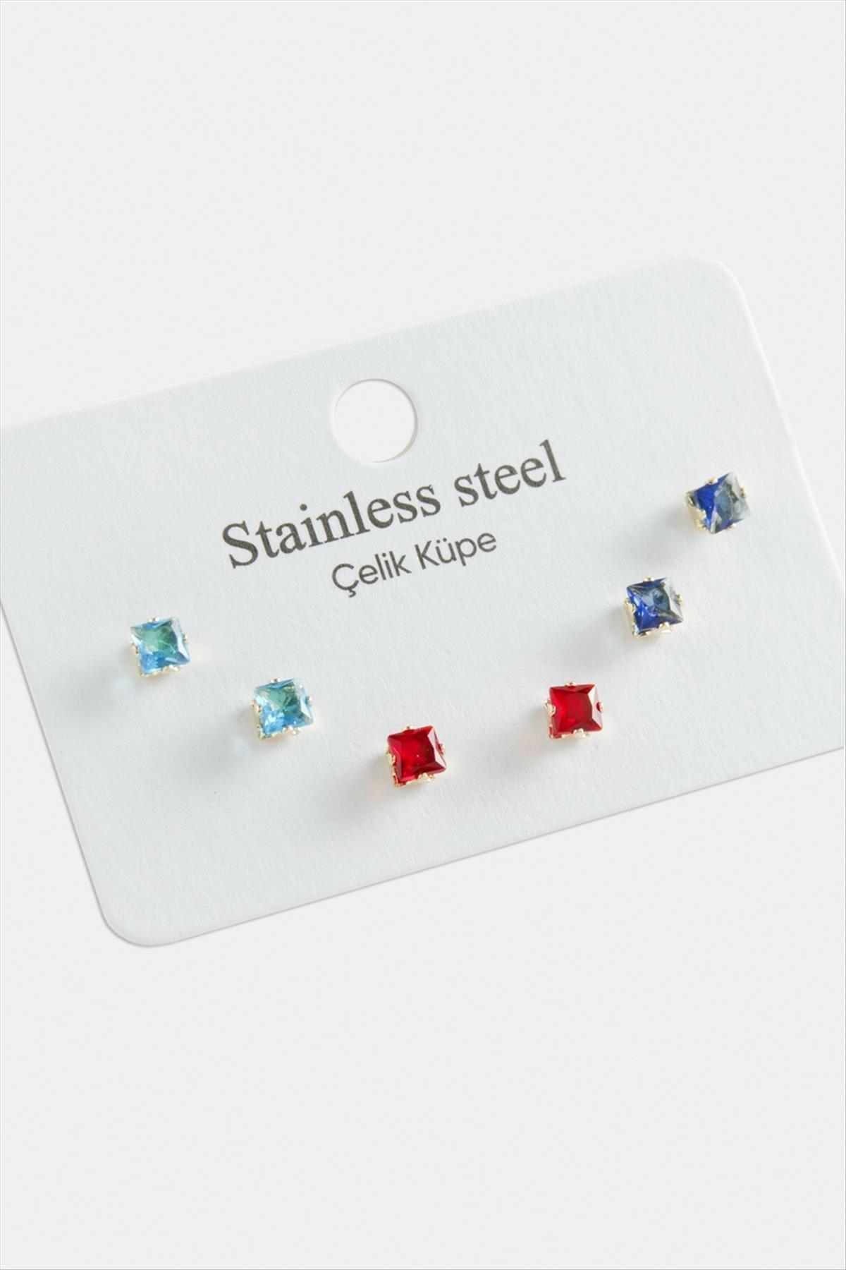 6 Adet Kare Zirkon Tek Taşlı Çelik Küpe