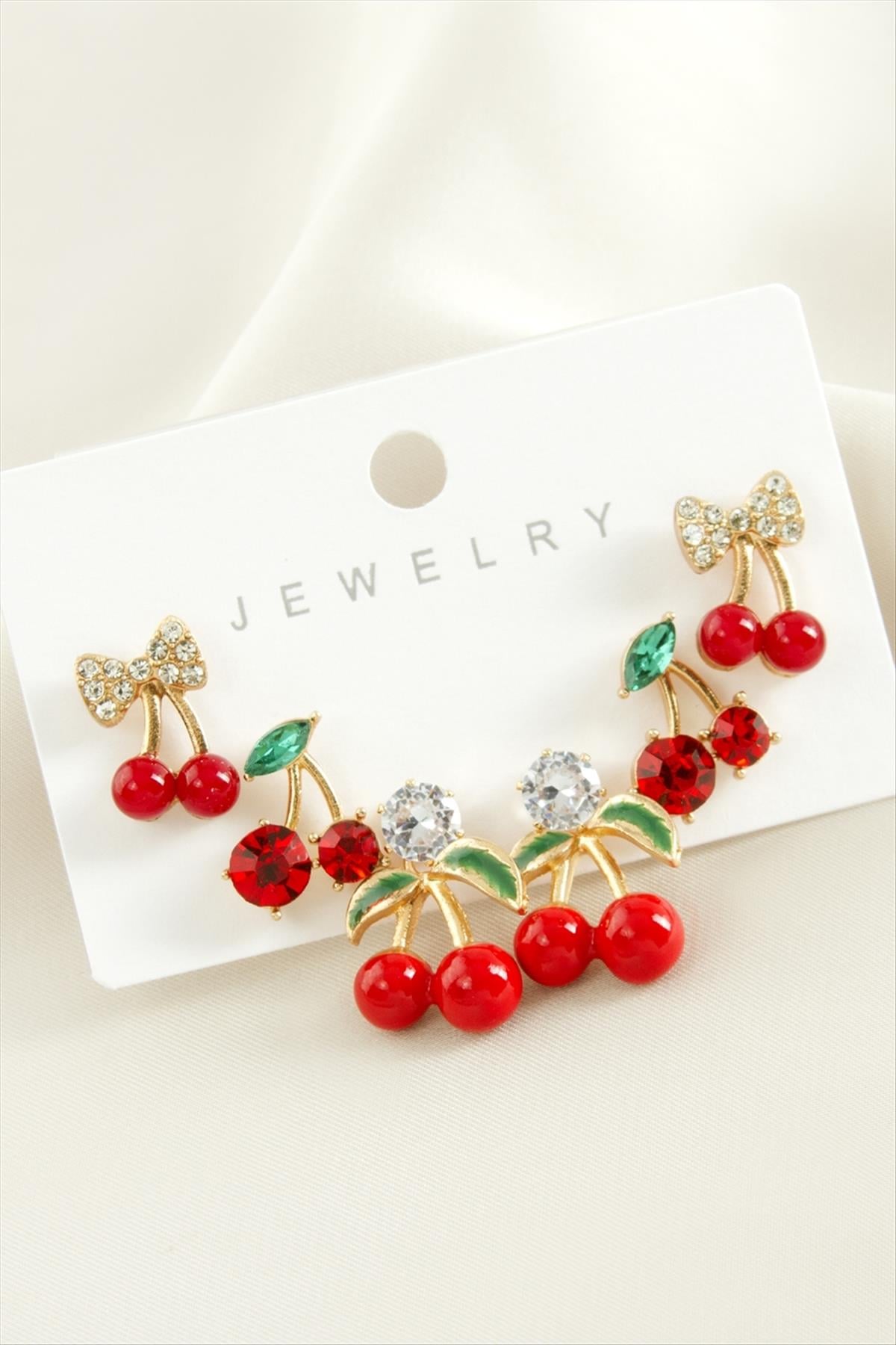 6 Adet Kiraz Mineli Tektaş Küpe