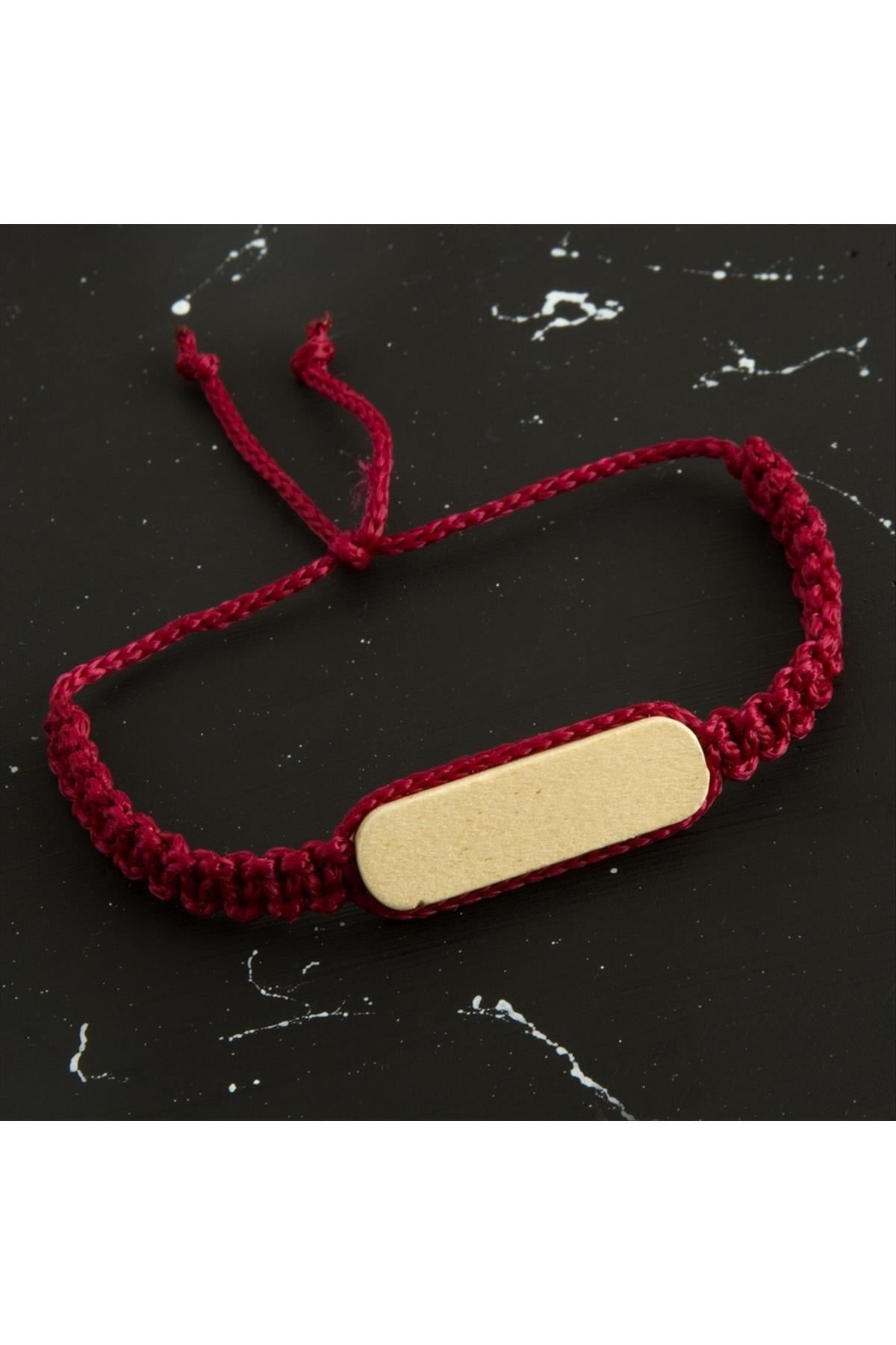 Ahşap Makrome Örgülü Bileklik-Bordo