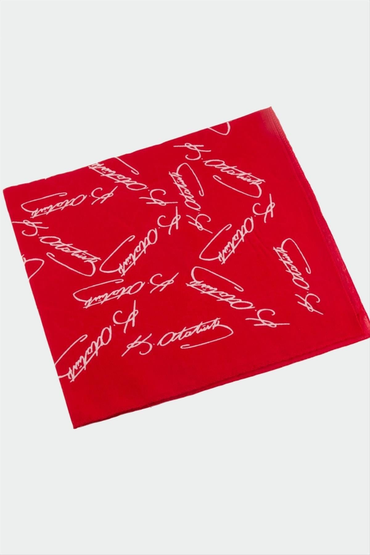 Atatürk İmzalı Desenli Bandana 50X50-Kırmızı
